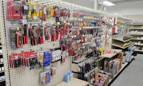 Tools and supplies on display inside of Thedford Lumber.
